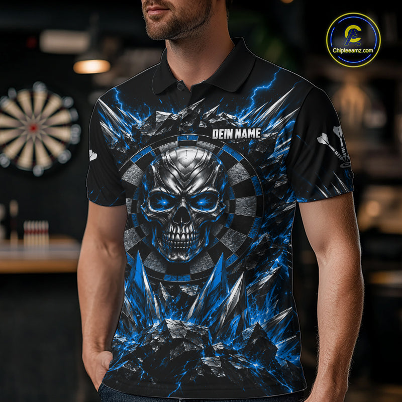 Custom Silver Skull Darts 1/4-Zip Polo Shirt For Men Blue Thunder Darts Team Tournament Jersey NYN5038