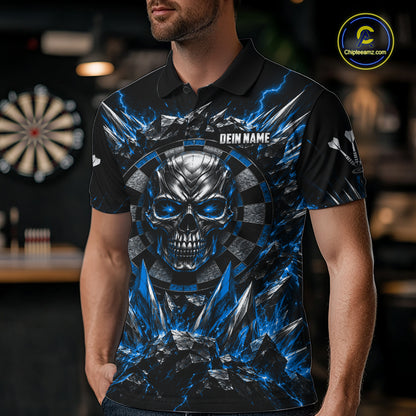 Custom Silver Skull Darts 1/4-Zip Polo Shirt For Men Blue Thunder Darts Team Tournament Jersey NYN5038