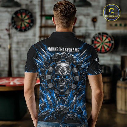 Custom Silver Skull Darts 1/4-Zip Polo Shirt For Men Blue Thunder Darts Team Tournament Jersey NYN5038