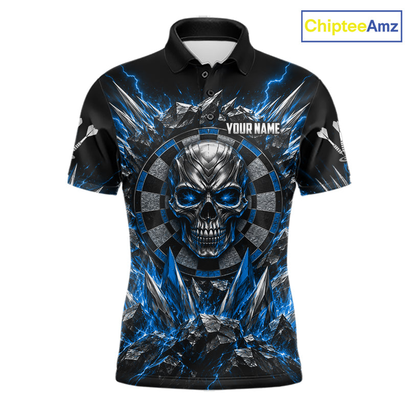 Custom Silver Skull Darts 1/4-Zip Polo Shirt For Men Blue Thunder Darts Team Tournament Jersey NYN5038
