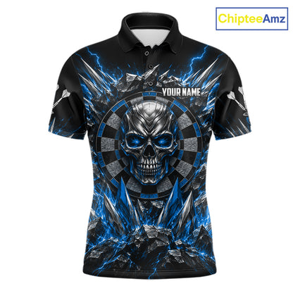 Custom Silver Skull Darts 1/4-Zip Polo Shirt For Men Blue Thunder Darts Team Tournament Jersey NYN5038
