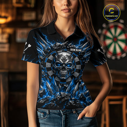 Custom Silver Skull Darts 1/4-Zip Polo Shirt For Women Blue Thunder Darts Team Tournament Jersey NYN5038