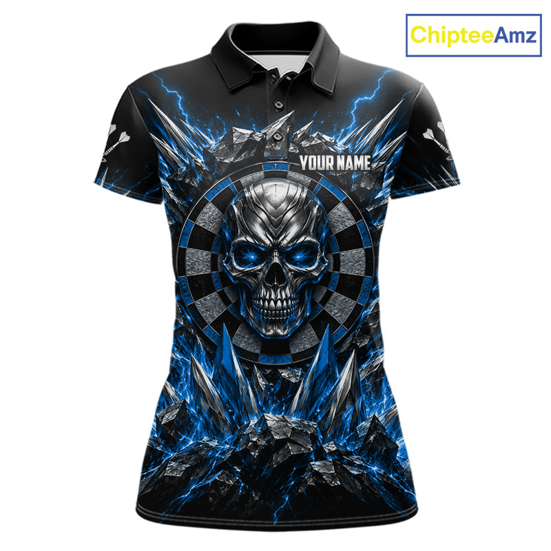 Custom Silver Skull Darts 1/4-Zip Polo Shirt For Women Blue Thunder Darts Team Tournament Jersey NYN5038