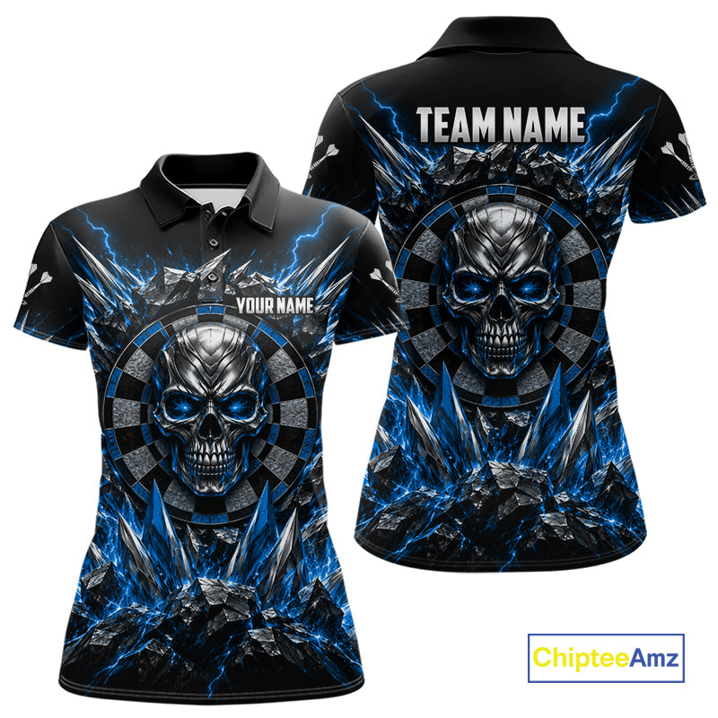 Custom Silver Skull Darts 1/4-Zip Polo Shirt For Women Blue Thunder Darts Team Tournament Jersey NYN5038