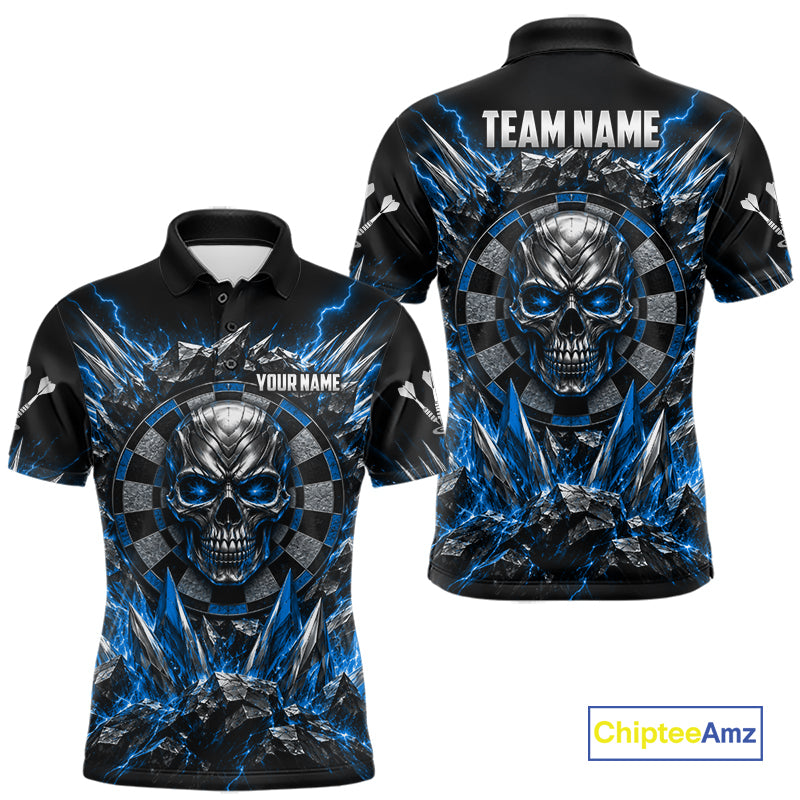 Custom Silver Skull Darts 1/4-Zip Polo Shirt For Men Blue Thunder Darts Team Tournament Jersey NYN5038