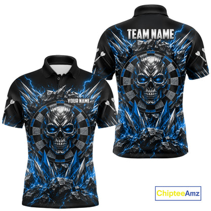 Custom Silver Skull Darts 1/4-Zip Polo Shirt For Men Blue Thunder Darts Team Tournament Jersey NYN5038