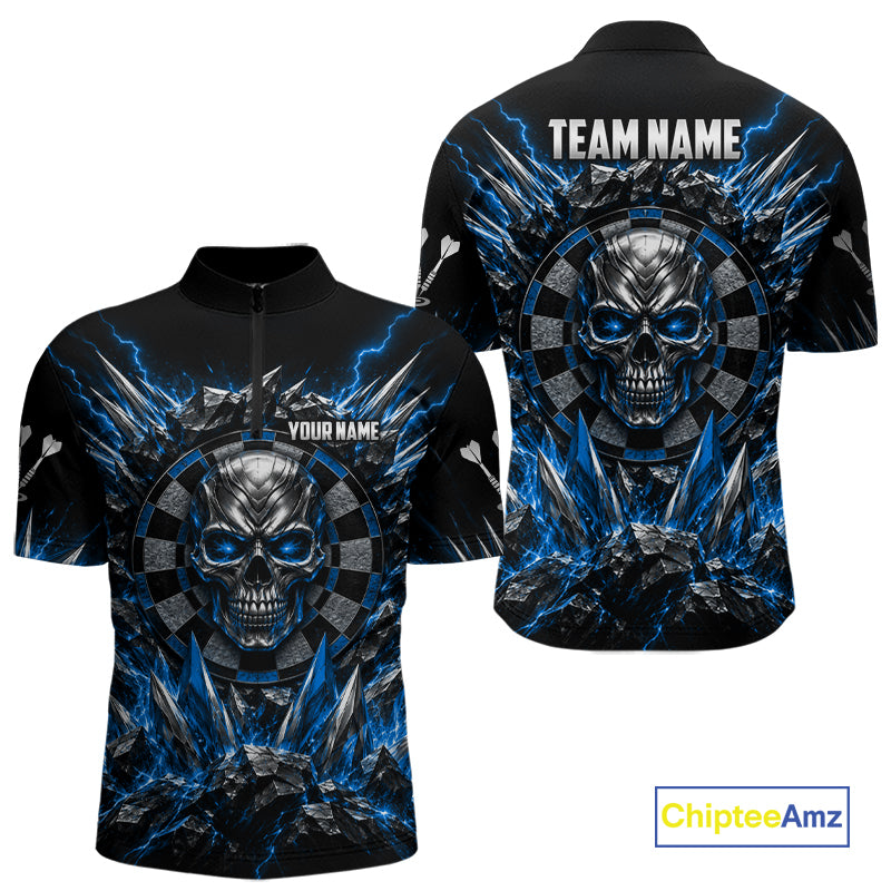 Custom Silver Skull Darts 1/4-Zip Polo Shirt For Men Blue Thunder Darts Team Tournament Jersey NYN5038