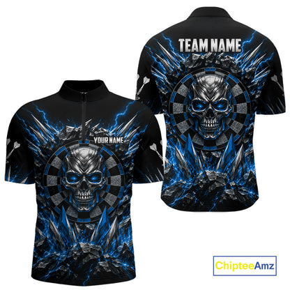 Custom Silver Skull Darts 1/4-Zip Polo Shirt For Men Blue Thunder Darts Team Tournament Jersey NYN5038