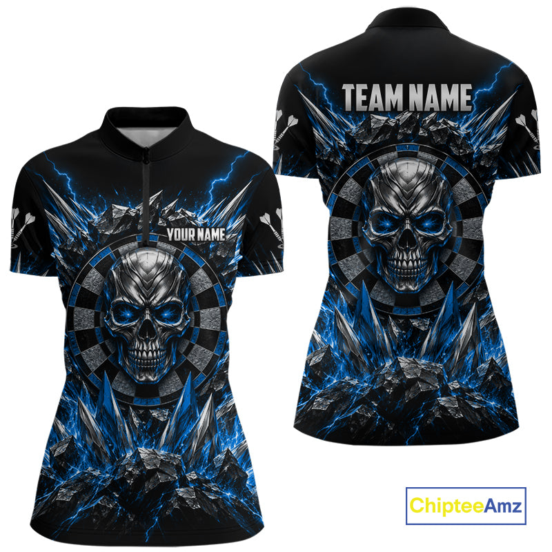 Custom Silver Skull Darts 1/4-Zip Polo Shirt For Women Blue Thunder Darts Team Tournament Jersey NYN5038