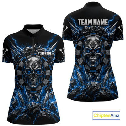 Custom Silver Skull Darts 1/4-Zip Polo Shirt For Women Blue Thunder Darts Team Tournament Jersey NYN5038