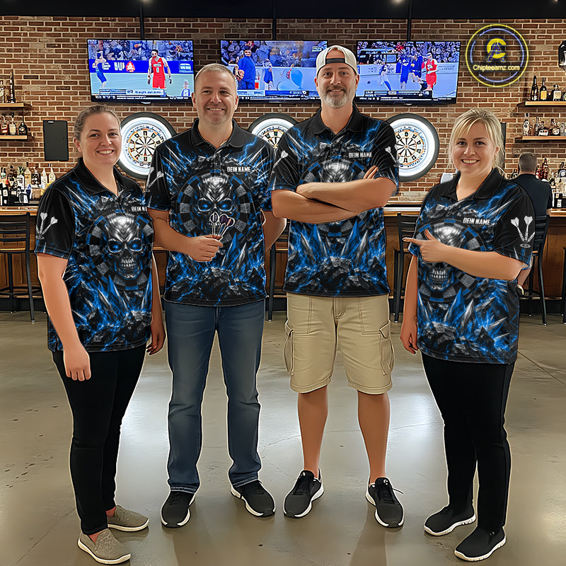 Custom Silver Skull Darts 1/4-Zip Polo Shirt For Women Blue Thunder Darts Team Tournament Jersey NYN5038