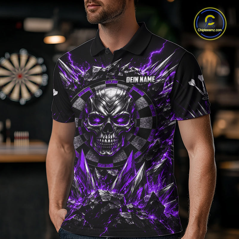 Custom Silver Skull Darts 1/4-Zip Polo Shirt For Men Purple Thunder Darts Team Tournament Jersey NYN5039