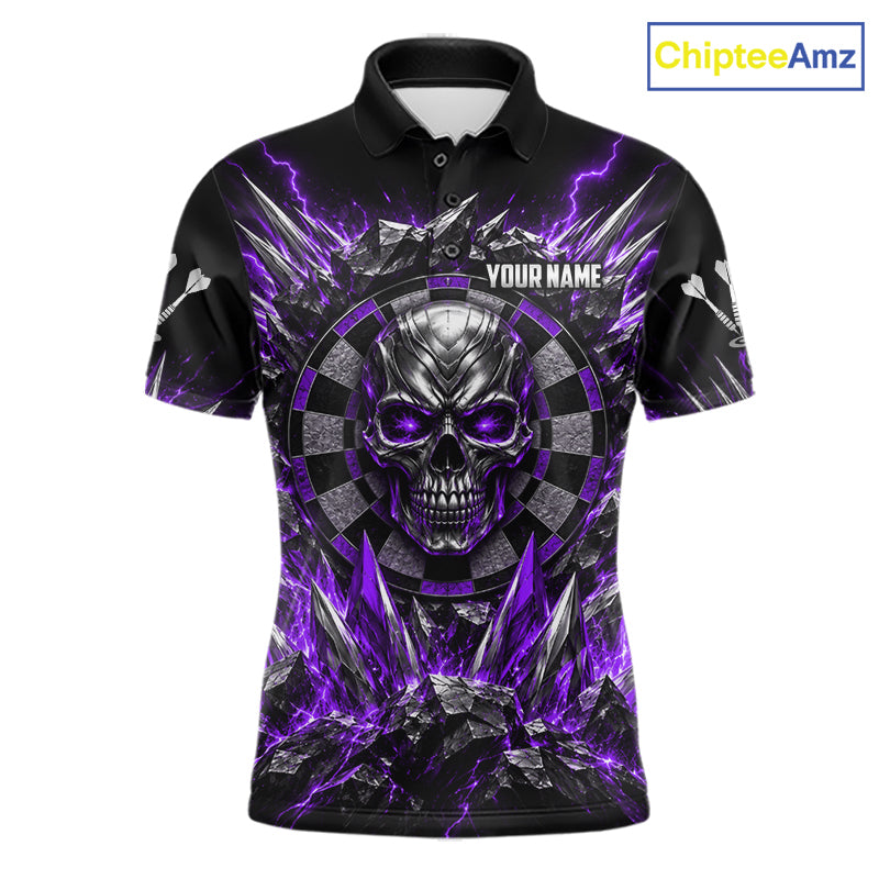 Custom Silver Skull Darts 1/4-Zip Polo Shirt For Men Purple Thunder Darts Team Tournament Jersey NYN5039
