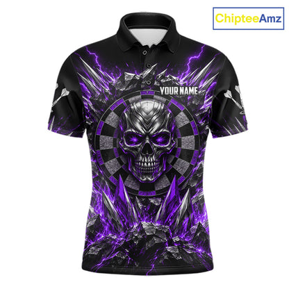 Custom Silver Skull Darts 1/4-Zip Polo Shirt For Men Purple Thunder Darts Team Tournament Jersey NYN5039
