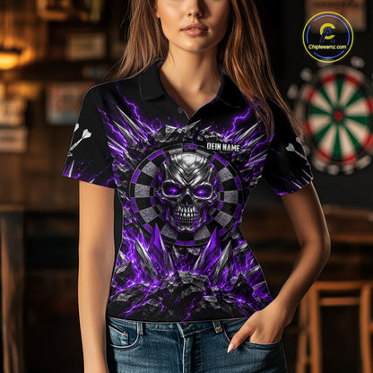 Custom Silver Skull Darts 1/4-Zip Polo Shirt For Women Purple Thunder Darts Team Tournament Jersey NYN5039