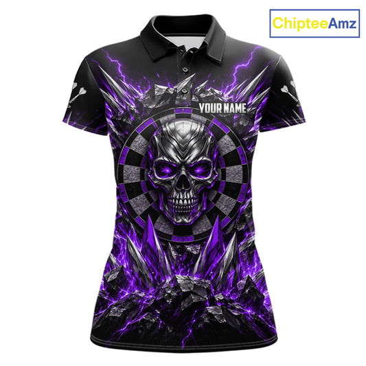 Custom Silver Skull Darts 1/4-Zip Polo Shirt For Women Purple Thunder Darts Team Tournament Jersey NYN5039