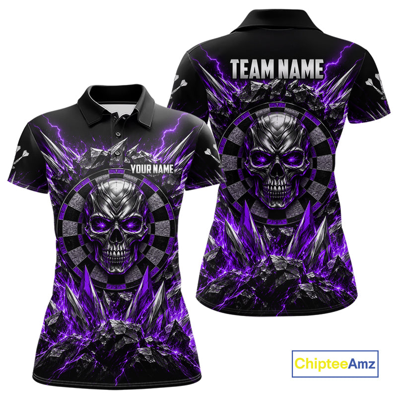 Custom Silver Skull Darts 1/4-Zip Polo Shirt For Women Purple Thunder Darts Team Tournament Jersey NYN5039