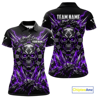 Custom Silver Skull Darts 1/4-Zip Polo Shirt For Women Purple Thunder Darts Team Tournament Jersey NYN5039