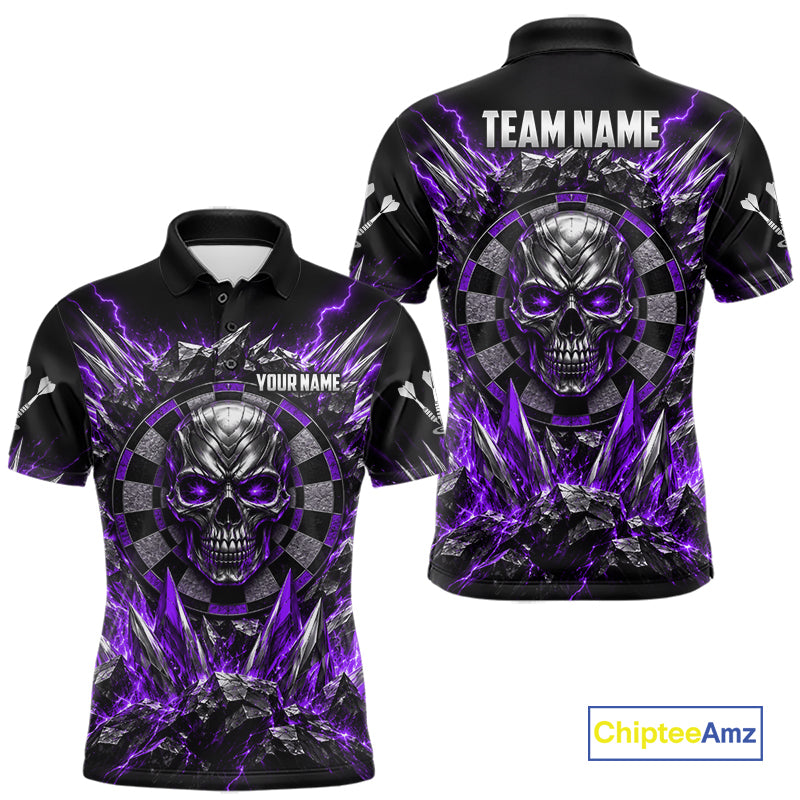 Custom Silver Skull Darts 1/4-Zip Polo Shirt For Men Purple Thunder Darts Team Tournament Jersey NYN5039