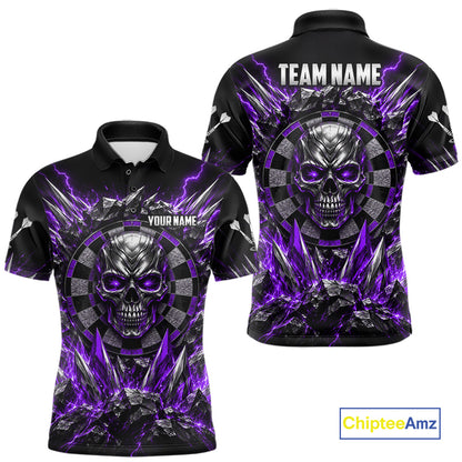 Custom Silver Skull Darts 1/4-Zip Polo Shirt For Men Purple Thunder Darts Team Tournament Jersey NYN5039