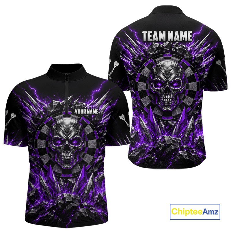 Custom Silver Skull Darts 1/4-Zip Polo Shirt For Men Purple Thunder Darts Team Tournament Jersey NYN5039