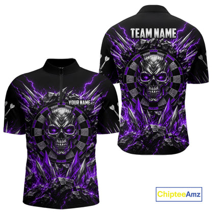 Custom Silver Skull Darts 1/4-Zip Polo Shirt For Men Purple Thunder Darts Team Tournament Jersey NYN5039