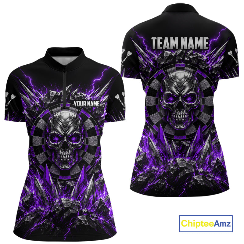 Custom Silver Skull Darts 1/4-Zip Polo Shirt For Women Purple Thunder Darts Team Tournament Jersey NYN5039