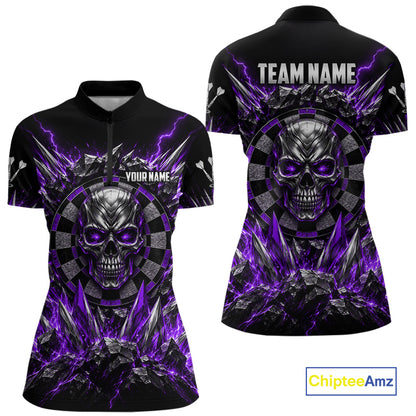 Custom Silver Skull Darts 1/4-Zip Polo Shirt For Women Purple Thunder Darts Team Tournament Jersey NYN5039
