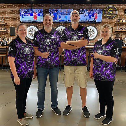 Custom Silver Skull Darts 1/4-Zip Polo Shirt For Men Purple Thunder Darts Team Tournament Jersey NYN5039