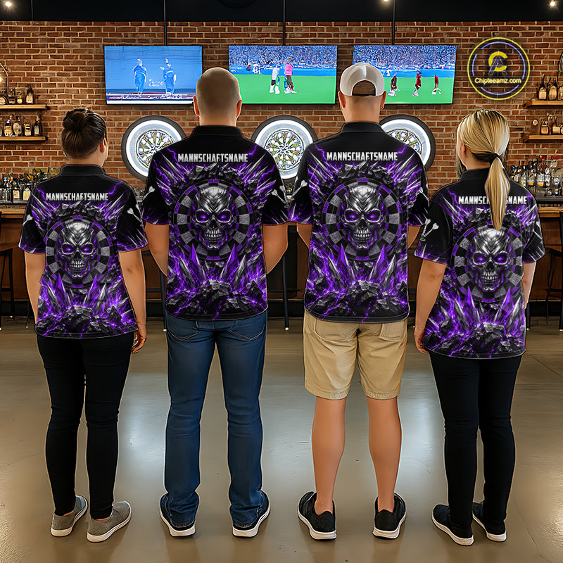 Custom Silver Skull Darts 1/4-Zip Polo Shirt For Men Purple Thunder Darts Team Tournament Jersey NYN5039