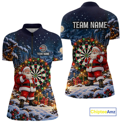 Santa Claus Christmas Women Darts Polo 1/4-Zip Shirt Customized Xmas Darts Jersey Darts Team Apparel NYN5045