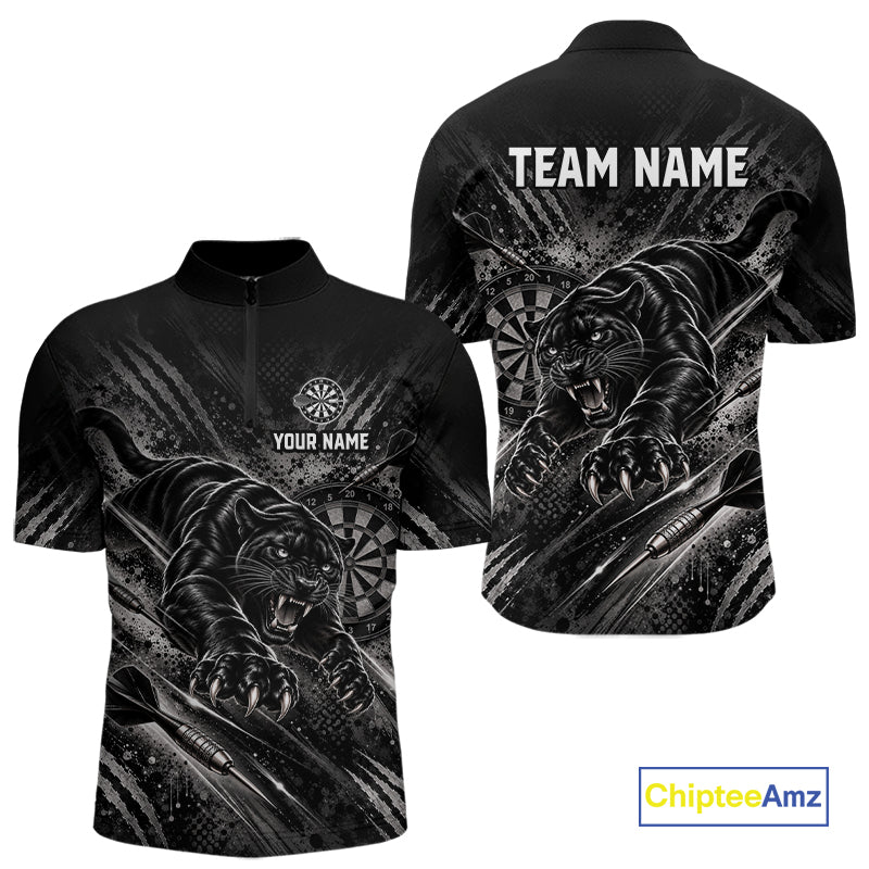 Personalized Panther Darts Polo 1/4-Zip Shirt For Men Custom Name Black Claw Scratch Darts Team Jersey NYN5049