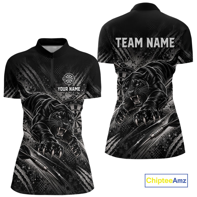 Personalized Panther Darts Polo 1/4-Zip Shirt For Women Custom Name Black Claw Scratch Darts Team Jersey NYN5049