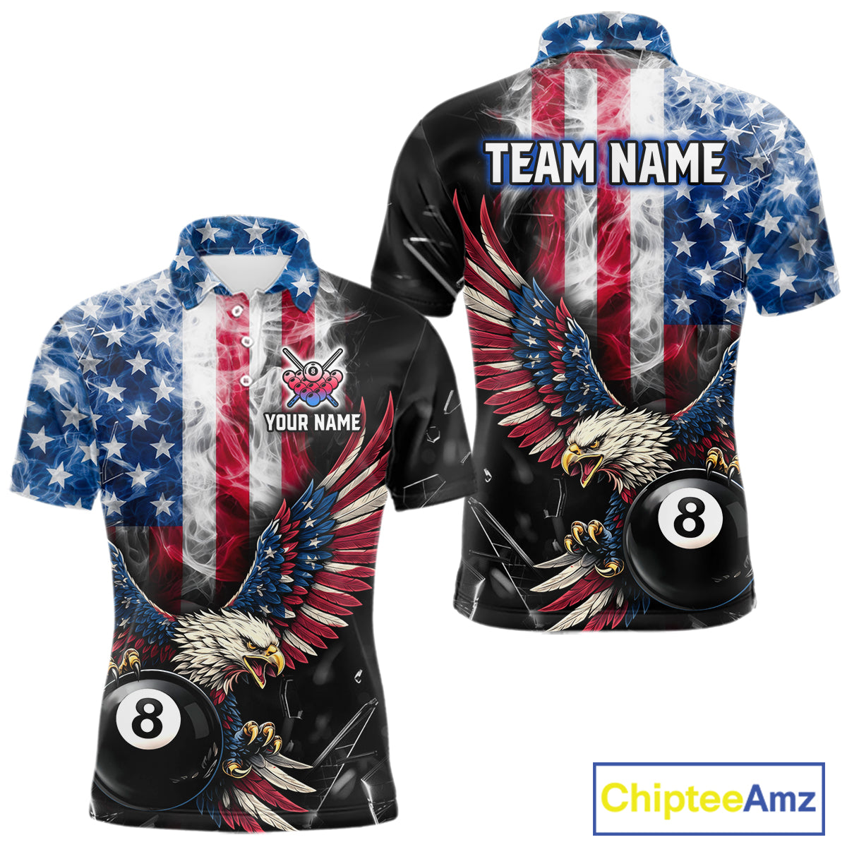 US Flag Smoke Eagle 8 Ball Pool Billiard Shirt For Men Custom Broken Glass Billiard Team Attire NYN2743