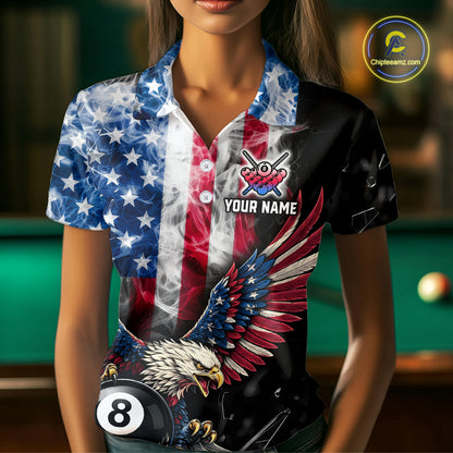US Flag Smoke Eagle 8 Ball Pool Billiard Shirt For Women Custom Broken Glass Billiard Team Attire NYN2743