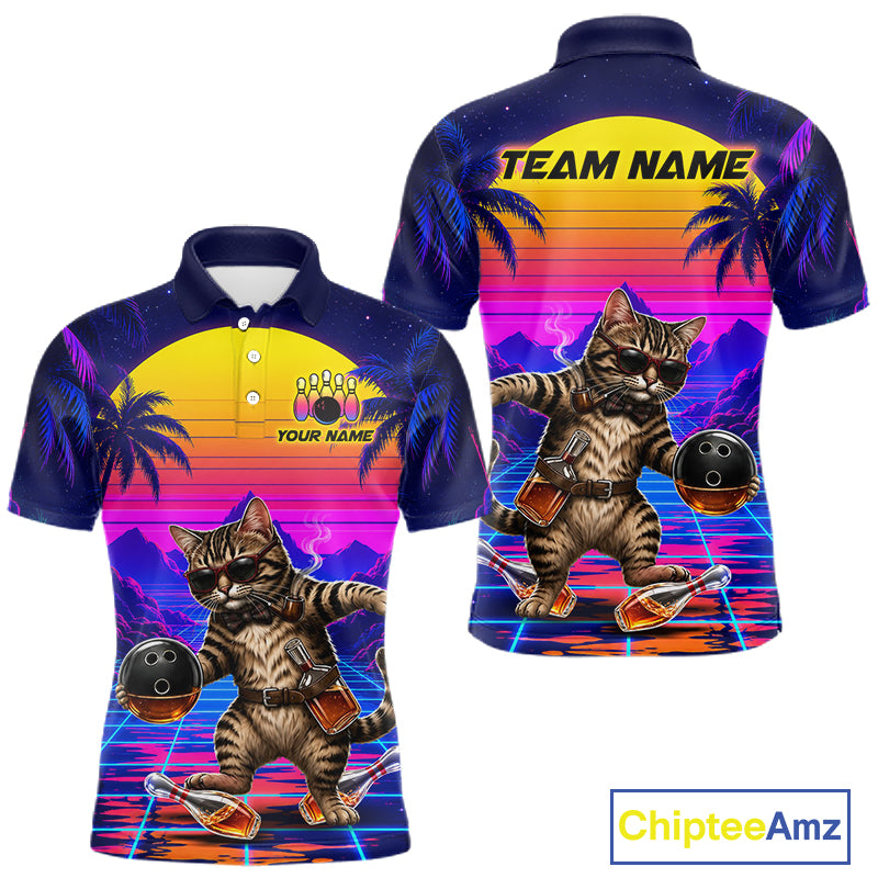 Custom Retro Mens Bowling Shirt Drunk Cat Bowling Polo Quarter-Zip Jersey, Funny Bowler Gift NYN4287