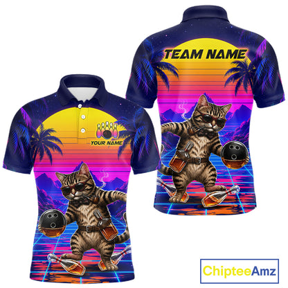 Custom Retro Mens Bowling Shirt Drunk Cat Bowling Polo Quarter-Zip Jersey, Funny Bowler Gift NYN4287