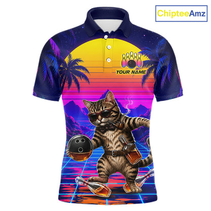 Custom Retro Mens Bowling Shirt Drunk Cat Bowling Polo Quarter-Zip Jersey, Funny Bowler Gift NYN4287