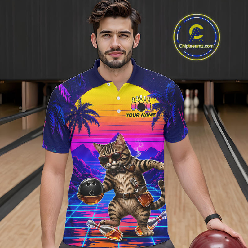 Custom Retro Mens Bowling Shirt Drunk Cat Bowling Polo Quarter-Zip Jersey, Funny Bowler Gift NYN4287