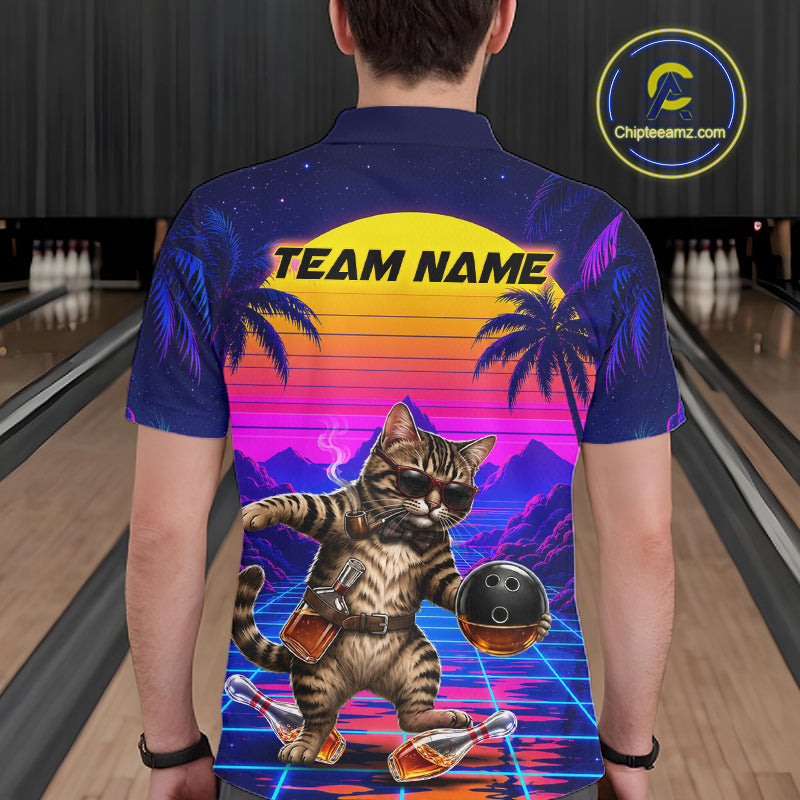Custom Retro Mens Bowling Shirt Drunk Cat Bowling Polo Quarter-Zip Jersey, Funny Bowler Gift NYN4287