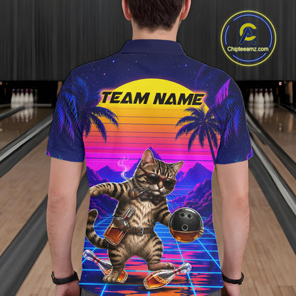 Custom Retro Mens Bowling Shirt Drunk Cat Bowling Polo Quarter-Zip Jersey, Funny Bowler Gift NYN4287
