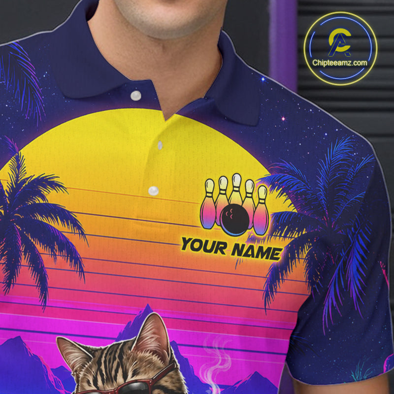 Custom Retro Mens Bowling Shirt Drunk Cat Bowling Polo Quarter-Zip Jersey, Funny Bowler Gift NYN4287