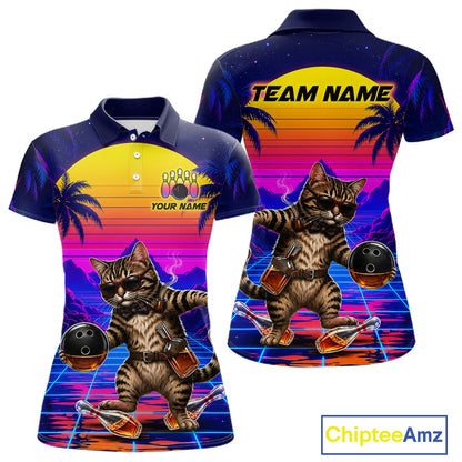 Custom Retro Women Bowling Shirt Drunk Cat Bowling Polo Quarter-Zip Jersey, Funny Bowler Gift NYN4287