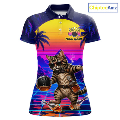 Custom Retro Women Bowling Shirt Drunk Cat Bowling Polo Quarter-Zip Jersey, Funny Bowler Gift NYN4287