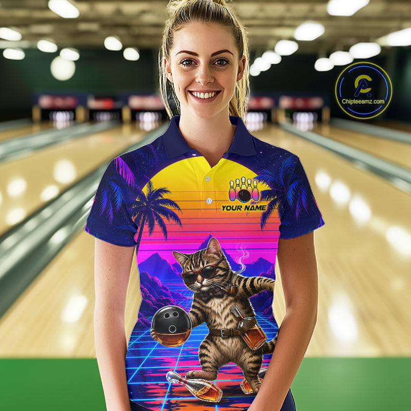 Custom Retro Women Bowling Shirt Drunk Cat Bowling Polo Quarter-Zip Jersey, Funny Bowler Gift NYN4287