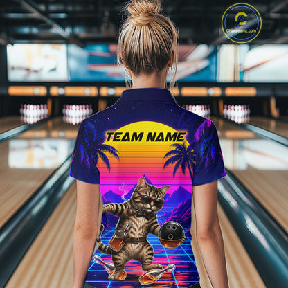 Custom Retro Women Bowling Shirt Drunk Cat Bowling Polo Quarter-Zip Jersey, Funny Bowler Gift NYN4287