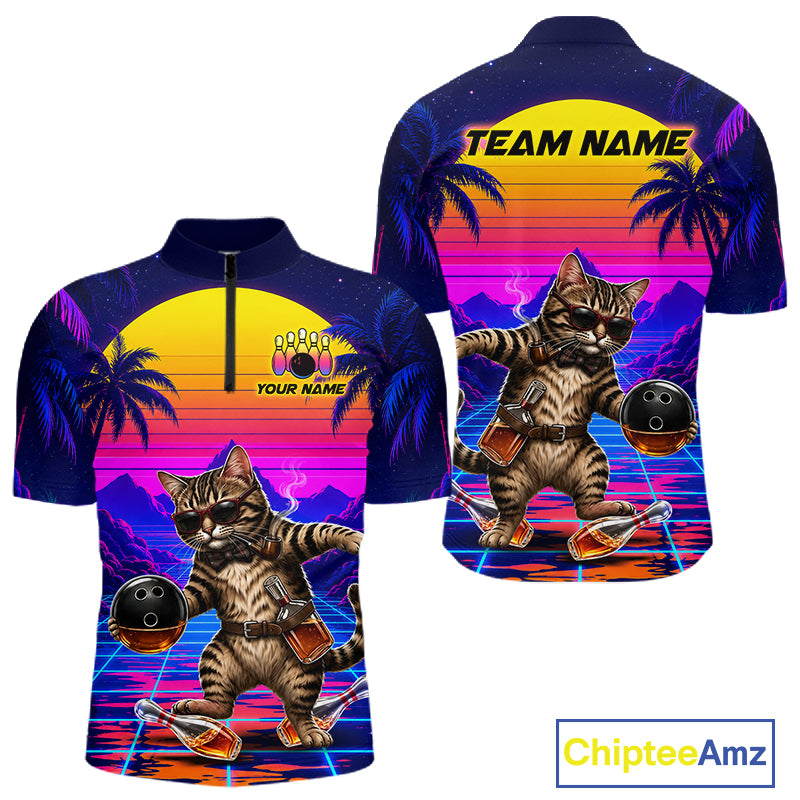 Custom Retro Mens Bowling Shirt Drunk Cat Bowling Polo Quarter-Zip Jersey, Funny Bowler Gift NYN4287