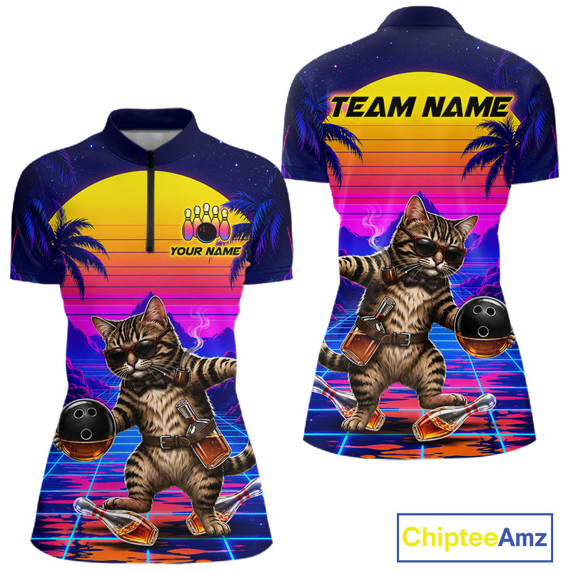 Custom Retro Women Bowling Shirt Drunk Cat Bowling Polo Quarter-Zip Jersey, Funny Bowler Gift NYN4287
