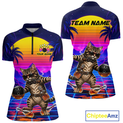 Custom Retro Women Bowling Shirt Drunk Cat Bowling Polo Quarter-Zip Jersey, Funny Bowler Gift NYN4287