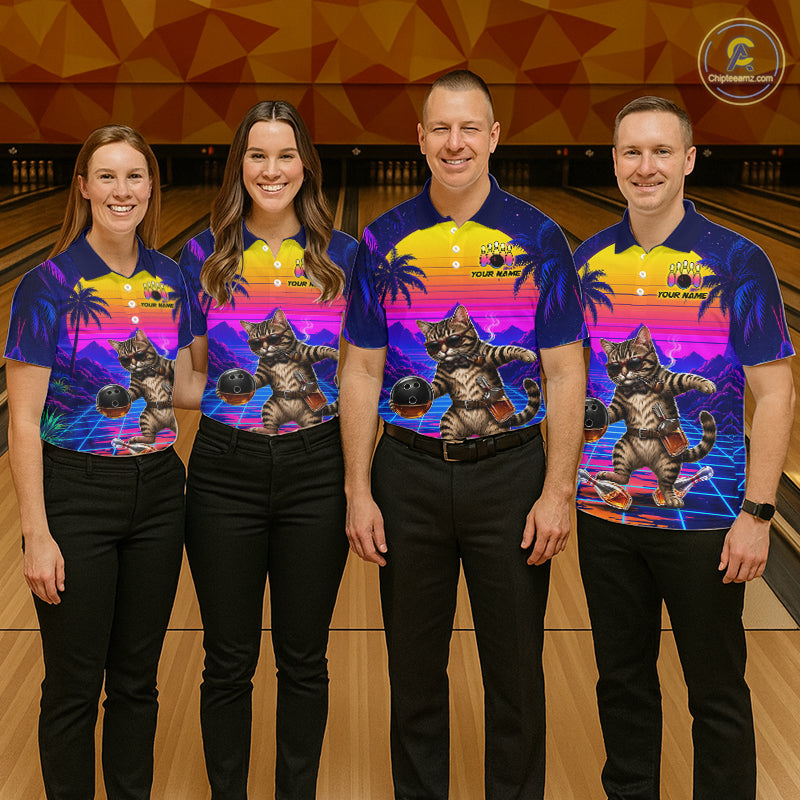 Custom Retro Mens Bowling Shirt Drunk Cat Bowling Polo Quarter-Zip Jersey, Funny Bowler Gift NYN4287